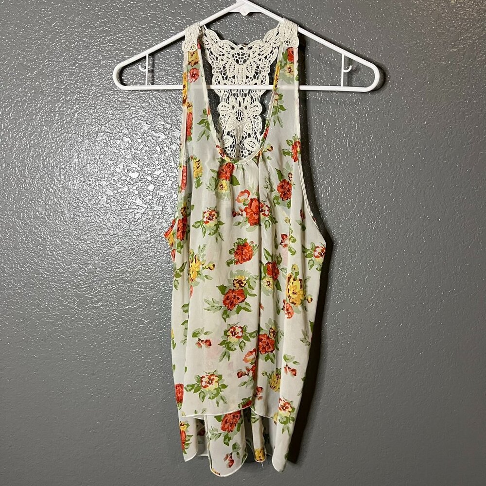 Audrey Lane Boho Floral Tank Top Size M | Crochet Lace Racerback High-Low Hem